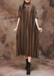 French Coffee Striped Turtleneck Patchwork Cashmere Dress Spring
