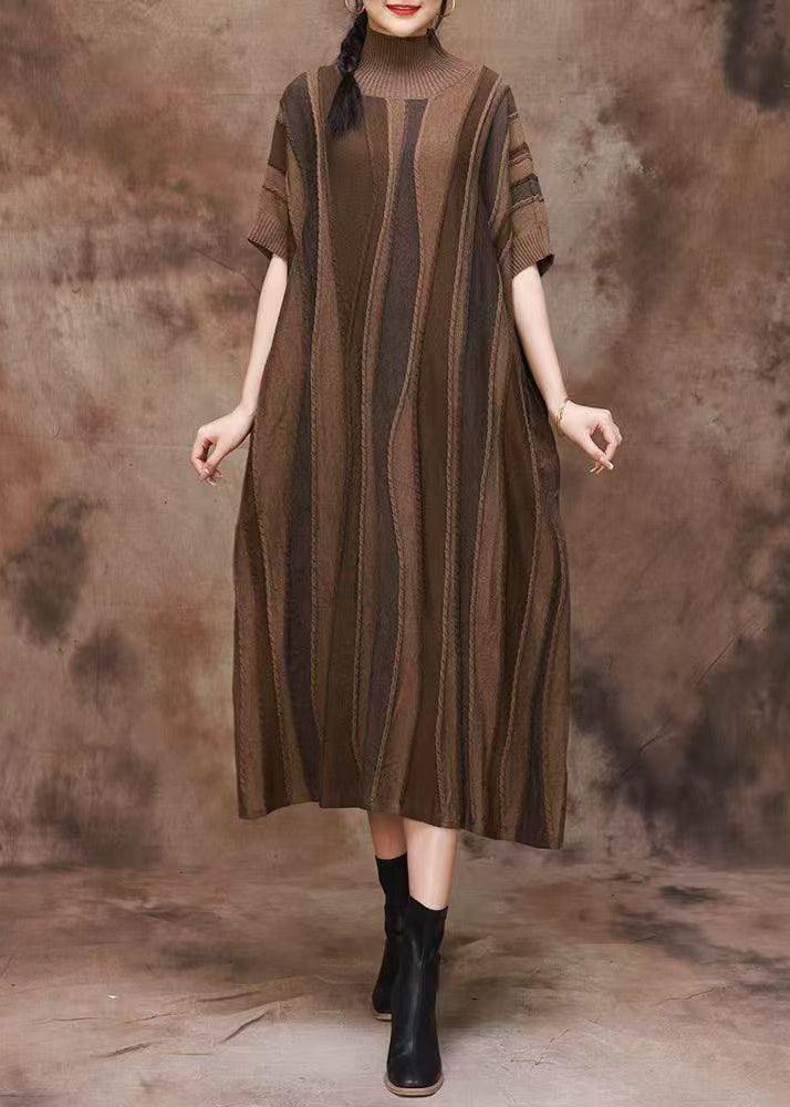 French Coffee Striped Turtleneck Patchwork Cashmere Dress Spring