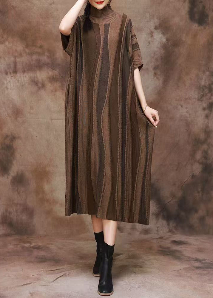 French Coffee Striped Turtleneck Patchwork Cashmere Dress Spring
