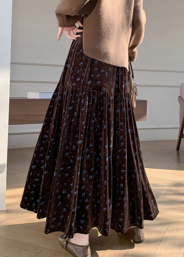 French Coffee Wrinkled Elastic Waist Velvet Skirts Winter