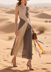French Colorblock Asymmetrical Patchwork Cotton Mini Dresses Summer