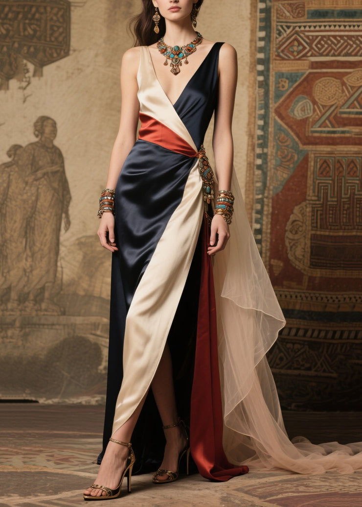 French Colorblock Asymmetrical Patchwork Silk Vestidos Dress Summer