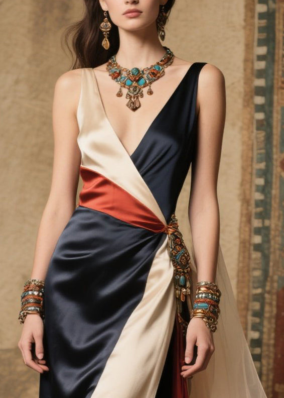 French Colorblock Asymmetrical Patchwork Silk Vestidos Dress Summer