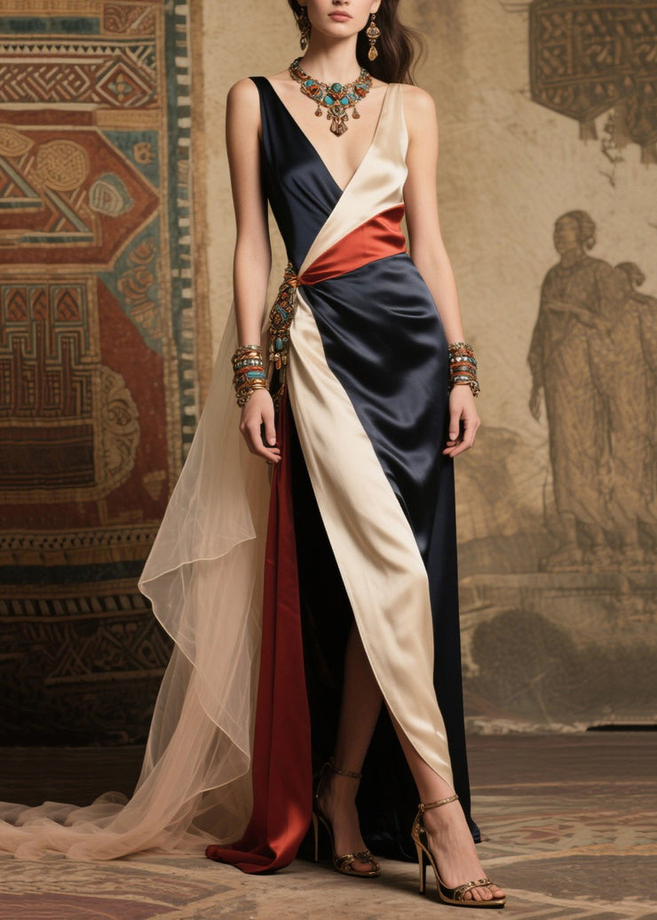 French Colorblock Asymmetrical Patchwork Silk Vestidos Dress Summer
