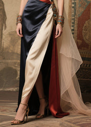 French Colorblock Asymmetrical Patchwork Silk Vestidos Dress Summer