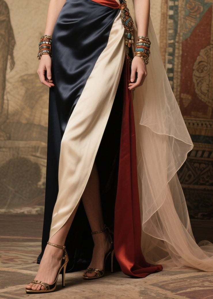 French Colorblock Asymmetrical Patchwork Silk Vestidos Dress Summer