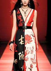 French Colorblock Cinched Print Silk Maxi Dresses Sleeveless