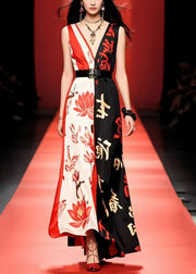 French Colorblock Cinched Print Silk Maxi Dresses Sleeveless