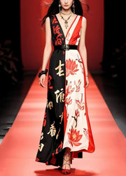 French Colorblock Cinched Print Silk Maxi Dresses Sleeveless
