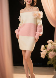 French Colorblock Cold Shoulder Floral Knitted Dress Fall