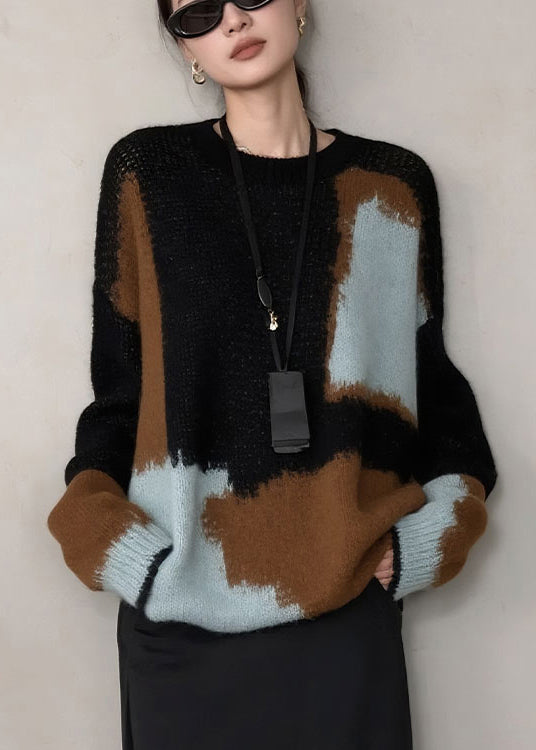 French Colorblock O Neck Cozy Knit Sweater Winter
