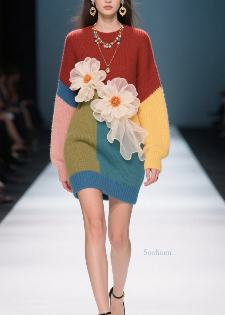 French Colorblock O Neck Floral Knit Sweater Dress Fall