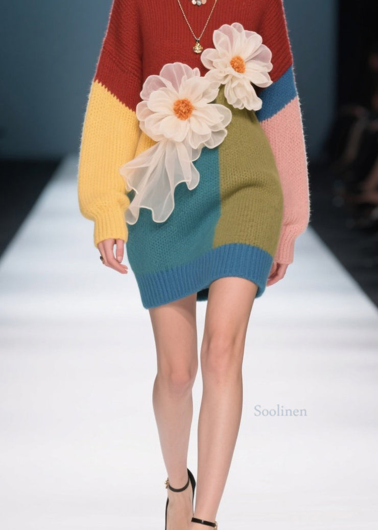 French Colorblock O Neck Floral Knit Sweater Dress Fall