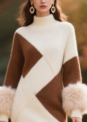 French Colorblock Turtle Neck Patchwork Faux Fur Long Knit Dress Winter