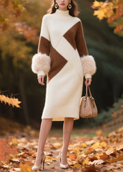 French Colorblock Turtle Neck Patchwork Faux Fur Long Knit Dress Winter