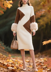 French Colorblock Turtle Neck Patchwork Faux Fur Long Knit Dress Winter