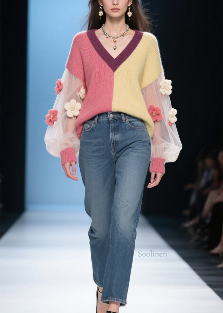 French Colorblock V Neck Tulle Floral Patchwork Knit Sweaters Fall