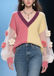 French Colorblock V Neck Tulle Floral Patchwork Knit Sweaters Fall