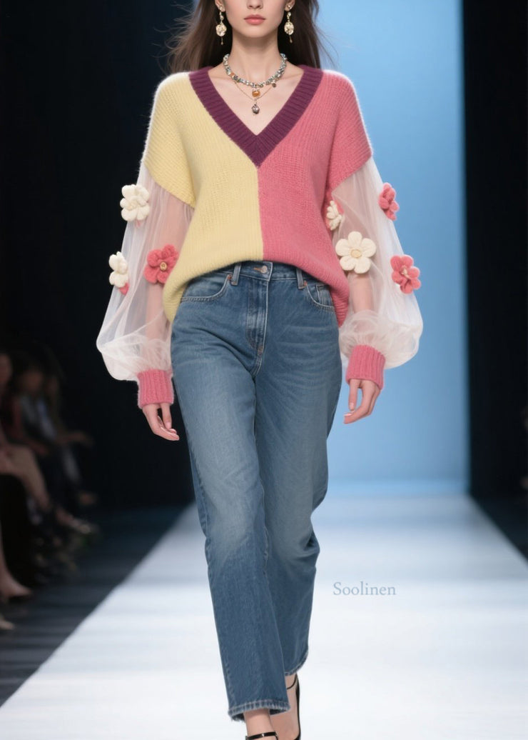 French Colorblock V Neck Tulle Floral Patchwork Knit Sweaters Fall