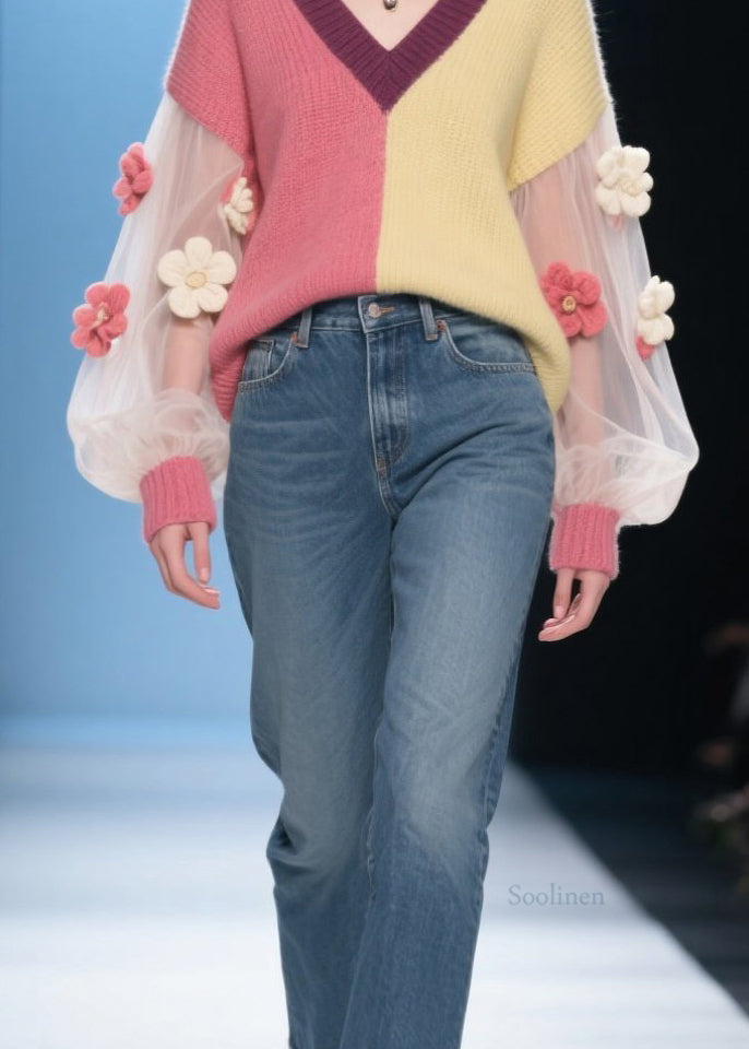 French Colorblock V Neck Tulle Floral Patchwork Knit Sweaters Fall