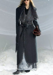 French Dark Gray Peter Pan Collar Plaid Woolen Long Coat Fall