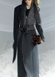 French Dark Gray Peter Pan Collar Plaid Woolen Long Coat Fall