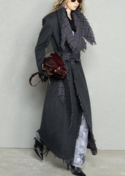 French Dark Gray Peter Pan Collar Plaid Woolen Long Coat Fall