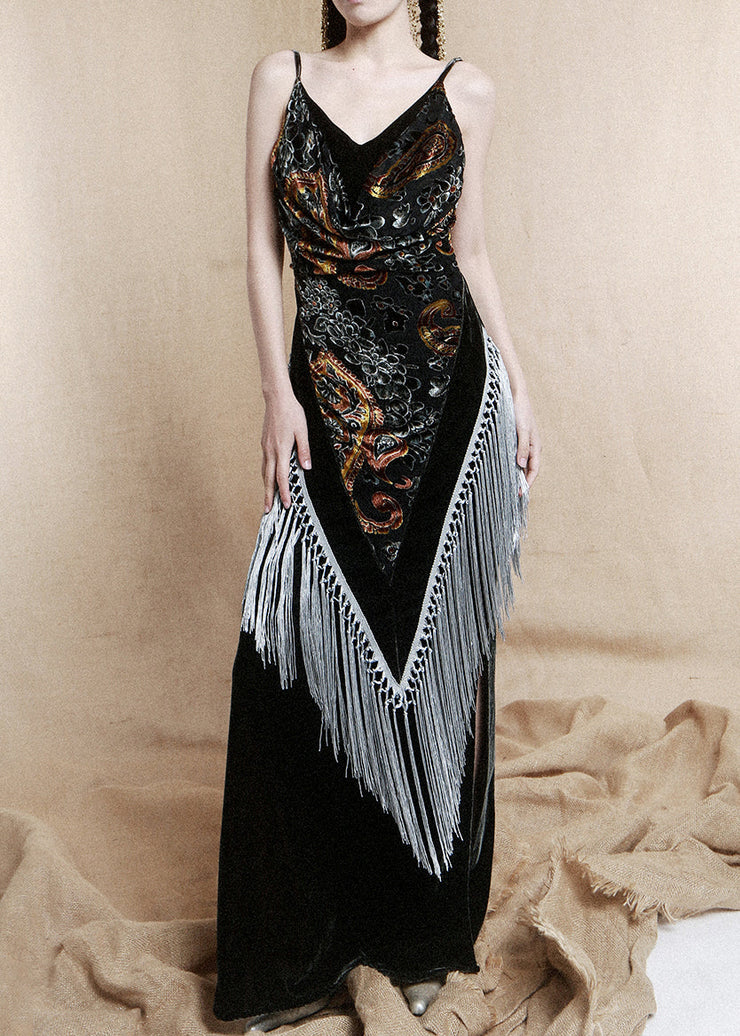 French Dark Gray V Neck Tasseled Silk Velvet Spaghetti Strap Dress Sleeveless
