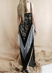 French Dark Gray V Neck Tasseled Silk Velvet Spaghetti Strap Dress Sleeveless