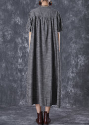 French Dark Grey Oversized Striped Linen A Line Dresses Summer