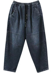 French Denim Blue High Waist Pockets Patchwork Cotton Harem Pants Summer