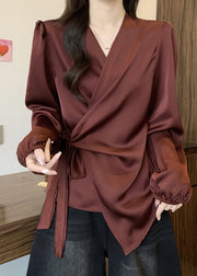 French Dull Red Tie Waist Draping Silk Blouses Fall
