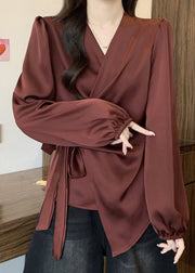 French Dull Red Tie Waist Draping Silk Blouses Fall
