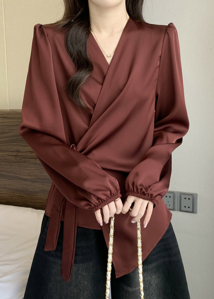 French Dull Red Tie Waist Draping Silk Blouses Fall