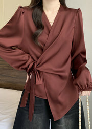 French Dull Red Tie Waist Draping Silk Blouses Fall
