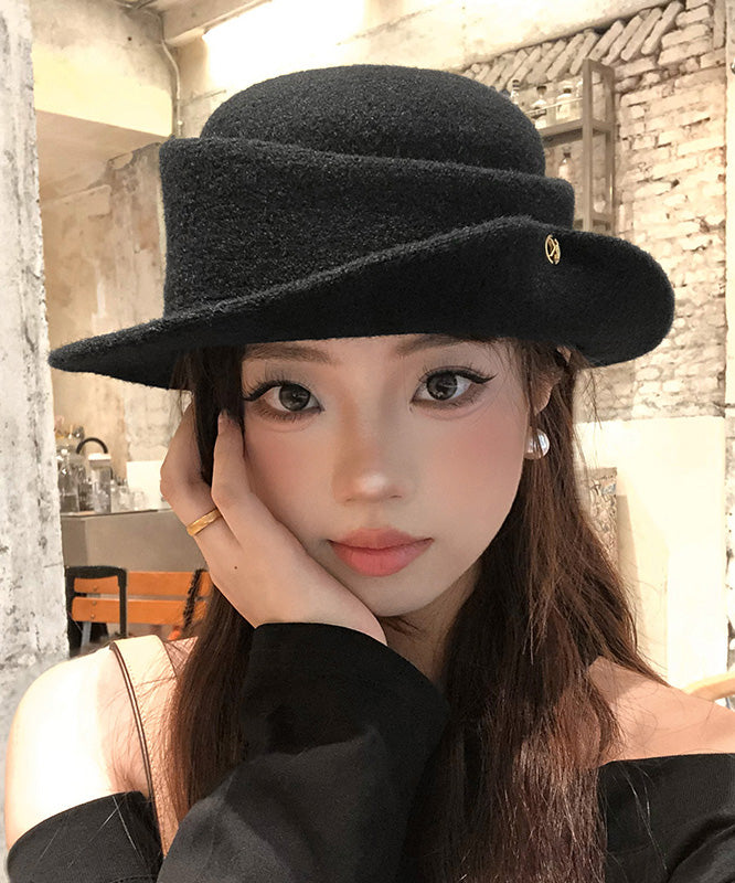 French Elegant Black Curly Edged Woolen Cloche Hat