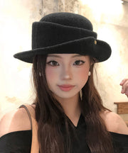 French Elegant Black Curly Edged Woolen Cloche Hat