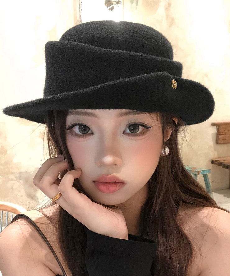 French Elegant Black Curly Edged Woolen Cloche Hat