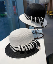 French Elegant White Straw Woven Bucket Hat