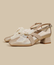 French Floral Splicing Chunky High Heels Champagne Satin