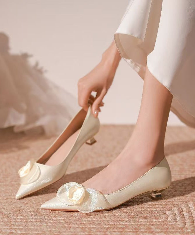 French Floral Splicing Kitten Heels Champagne Pointed Toe