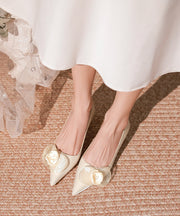 French Floral Splicing Kitten Heels Champagne Pointed Toe