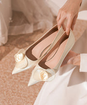 French Floral Splicing Kitten Heels Champagne Pointed Toe