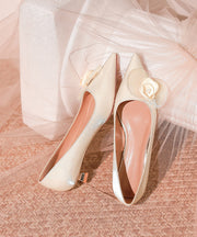 French Floral Splicing Kitten Heels Champagne Pointed Toe