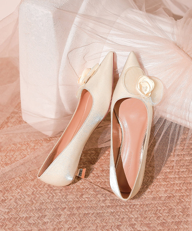French Floral Splicing Kitten Heels Champagne Pointed Toe