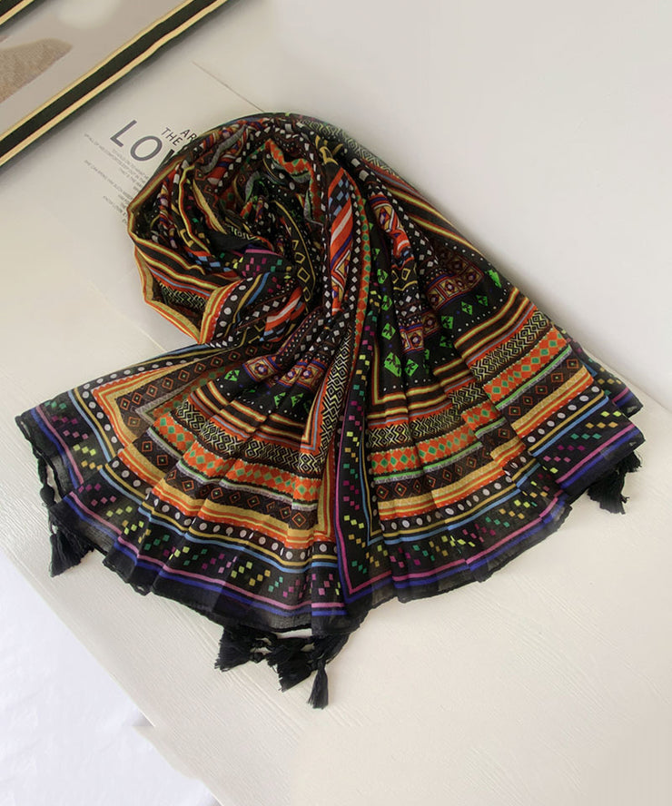 French Geometric Print Tasseled Cotton Scarf