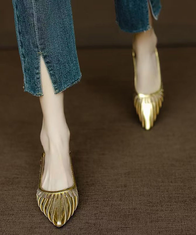 French Gold Chunky Sandals Cowhide Leather Hollow Out Pointed Toe