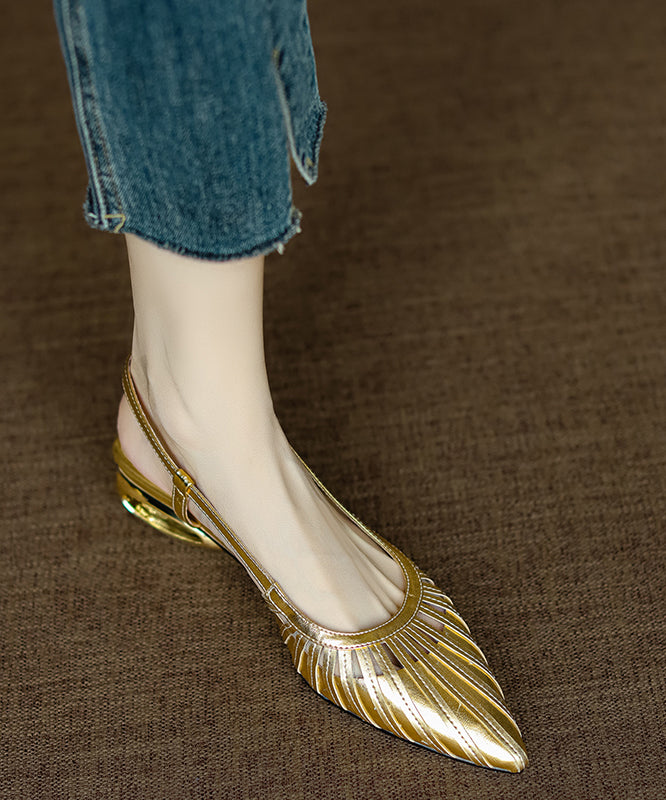 French Gold Chunky Sandals Cowhide Leather Hollow Out Pointed Toe