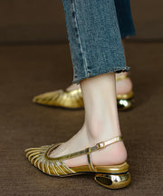 French Gold Chunky Sandals Cowhide Leather Hollow Out Pointed Toe
