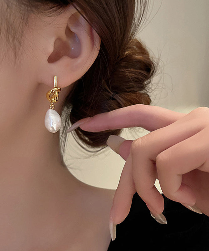 French Gold Copper Alloy Asymmetrical Pearl Drop Earrings